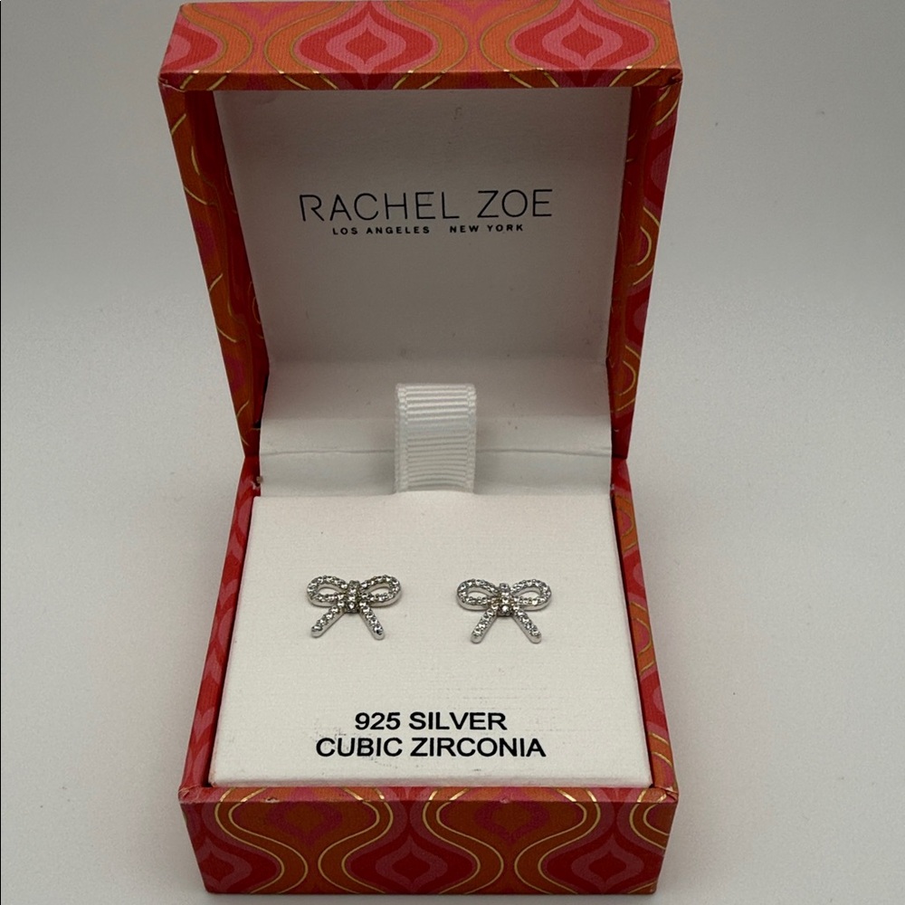 Rachel Zoe 925 Silver Cubic Zirconia Bow Stud Earrings Gift Box